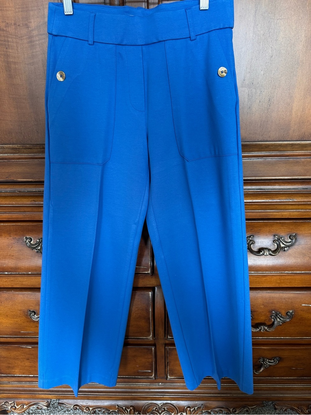 Jules and Leopold Blue Wide Legged Pants with Gold Accent Buttons on Pockets